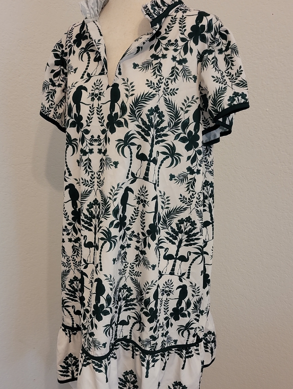 Women's White Midi Dress with Dark Green Tropical Print